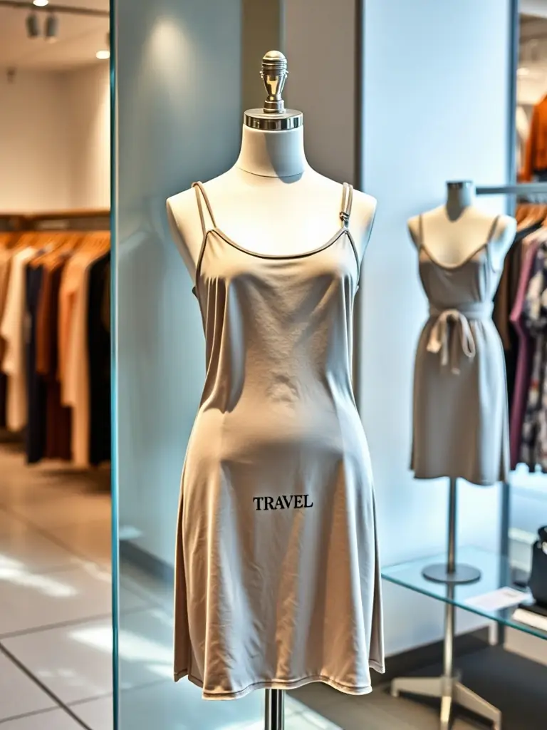 A versatile jersey dress displayed on a mannequin in a boutique.