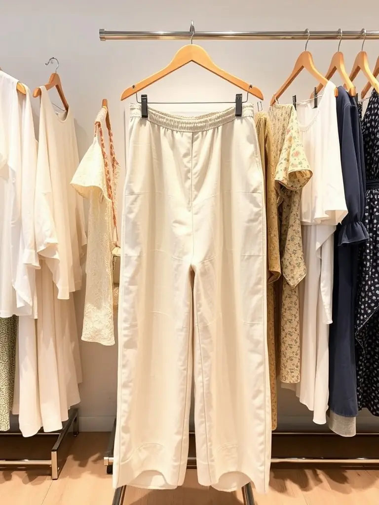 Linen palazzo pants displayed with various tops in a boutique.