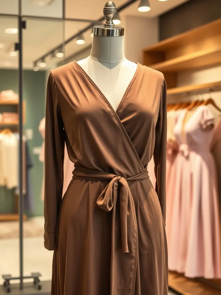 An elegant wrap dress displayed on a mannequin.