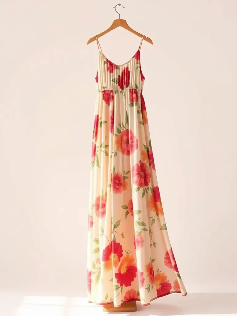 A versatile flowing maxi dress displayed in a sunlit room.